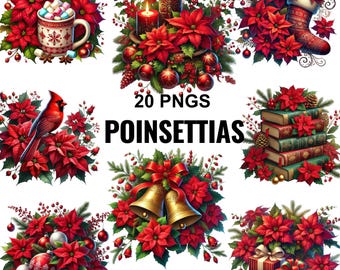 Poinsettias Clipart Bundle, Christmas Red Poinsettia PNG, Festive Floral Graphics, Winter Flower Wreath Sublimation Digital Download Pack