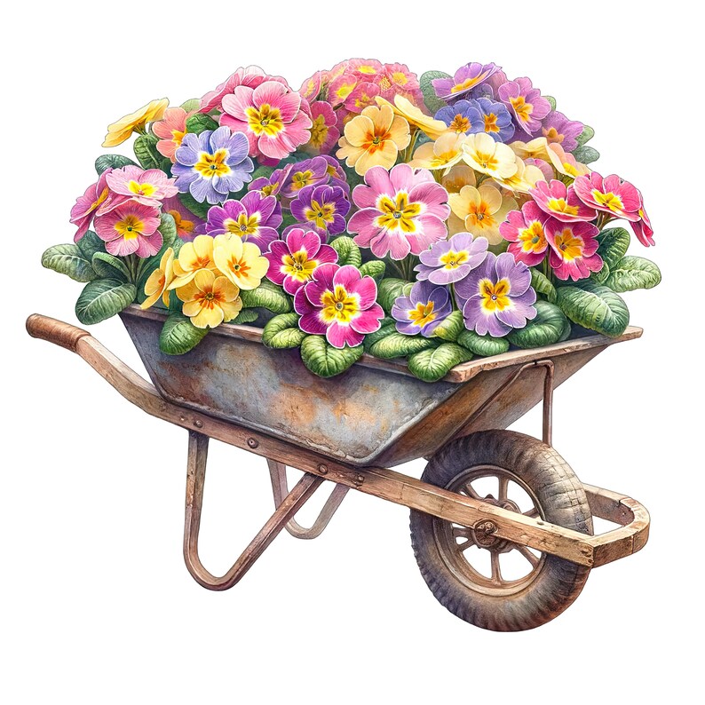 May include: A vintage wheelbarrow filled with a colorful assortment of pink, purple, yellow, and white primrose flowers.