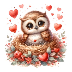 May include: A brown and white owl with big eyes sits in a nest made of twigs and straw. The owl is surrounded by red hearts, suggesting a theme of love and romance.