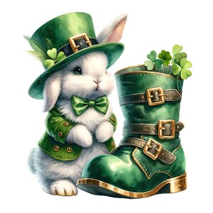 May include: A white rabbit wearing a green leprechaun hat and a green jacket with gold buttons. The rabbit is standing next to a green boot with gold buckles and a shamrock on top.
