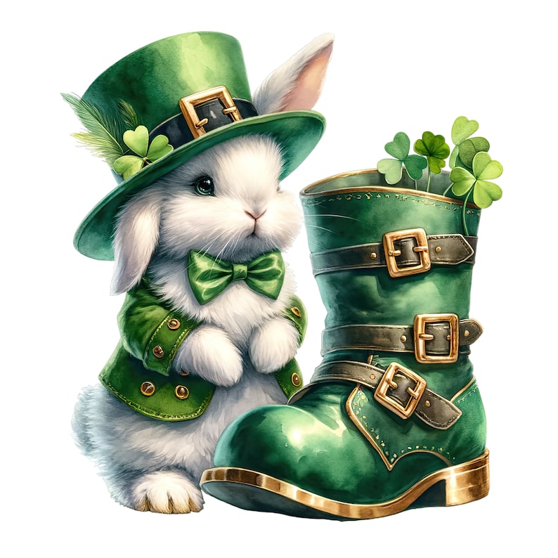 May include: A white rabbit wearing a green leprechaun hat and a green jacket with gold buttons. The rabbit is standing next to a green boot with gold buckles and a shamrock on top.
