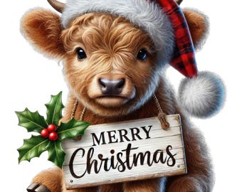Christmas Highland Cow Clipart, Scottish Cow Clipart, Highland Cow Png, Winter Highland Cow Clipart, Cute Christmas Cow,Baby Hyland Cow Png