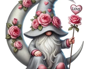 May include: A gray gnome wearing a pointed hat with pink roses and holding a pink heart that says "LOVE" on a stick. The gnome is sitting on a crescent moon.