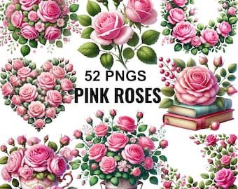 Pink Roses Clipart: Floral Bouquet PNG Bundle (Digital Download)