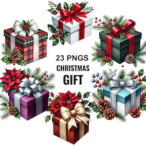 Clipart cadeau de Noël, clipart cadeau de Noël, aquarelle cadeaux de Noël graphiques, cadeau de Noël PNG, graphiques de vacances, boîte cadeau de Noël