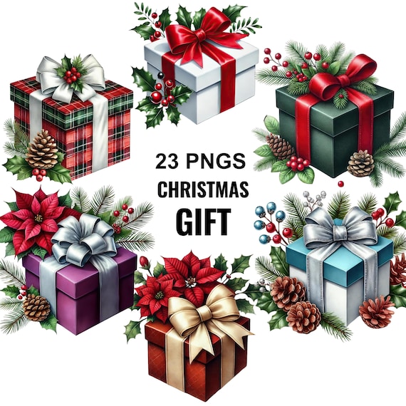 Christmas Gift Clipart PNG Bundle, 23 Holiday Present Boxes with Bows, Poinsettia, Pine Cones, Winter Floral Decor, Digital Download