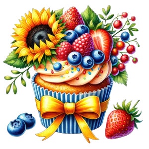 Imágenes prediseñadas de cupcakes de frutas, imágenes prediseñadas de postres, gráficos de upcake, imágenes prediseñadas dulces, dulces de acuarela, ilustración de cupcakes, cupcakes lindos, cupcakes de frutas