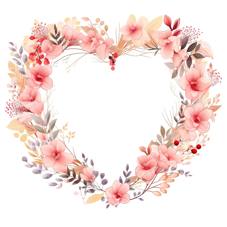 Watercolor Valentine Heart Wreath Clipart: Floral Heart Pngs (digital ...