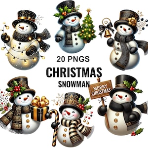 Lot de cliparts Noël bonhomme de neige, Collection Png noir et or bonhomme de neige, clipart bonhomme de neige, graphiques festifs de bonhommes de neige, clipart vacances