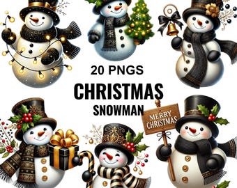 Christmas Snowman Clipart Bundle: Black and Gold PNG Graphics (Digital Download)