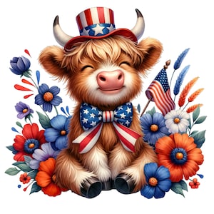 Watercolor Patriotic Highland Cows Clipart, Patriotic Cow Clipart, 4th of july Clipart, Highland Cow Clipart,Summer Cow Png,Independence Day