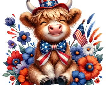 Vaca patriótica de las Tierras Altas en acuarela: PNG del 4 de julio (descarga digital)