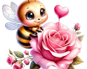 May include: A cute cartoon bee with big eyes, black and yellow stripes, and wings, is perched on a large pink rose. A pink heart-shaped balloon floats above the rose. Several smaller pink roses and buds are also present.