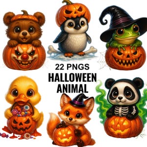 Kawaii Halloween Animal Clipart Bundle: Spooky PNG Art (Digital Download