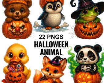 Kawaii Halloween Animal Clipart Bundle, 3D Cute Pumpkin Animals PNG, Spooky Dragon Dog Puppy Owl Pig Chameleon Graphics, Sublimation Craft