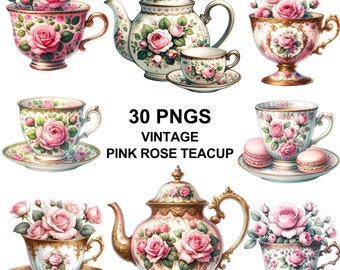16 ピンクの牡丹ティーセット クリップアート、ヴィンテージ ティー