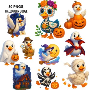 Op de afbeelding: Een verzameling van 30 PNG-afbeeldingen met cartoon-ganzen in Halloween-kostuums. De ganzen zijn verkleed als spook, detective, vampier, mummie en meer. Elke gans is afgebeeld met levendige kleuren en gedetailleerde ontwerpen, perfect voor seizoensgebonden knutselen.