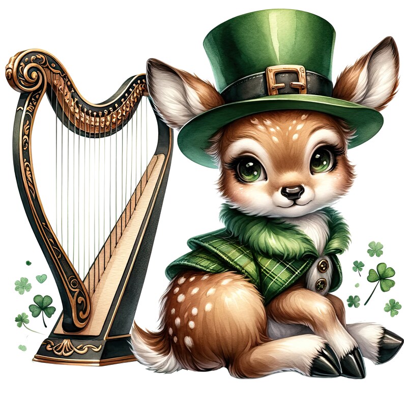 May include: A cute cartoon deer wearing a green leprechaun hat and a plaid vest, holding a shamrock. The deer is sitting next to a black and gold harp.