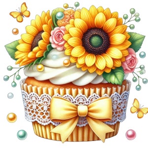 Imágenes prediseñadas de cupcakes de flores de primavera, imágenes prediseñadas de postre, gráficos de cupcakes, dulces de acuarela, cupcakes lindos, imágenes prediseñadas para hornear, imágenes prediseñadas dulces, cupcakes png