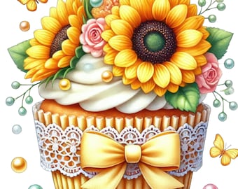 Könnte beinhalten: Ein gelber Cupcake, verziert mit Sonnenblumen, Rosen und grünen Blättern. Der Cupcake ist mit weißem Frosting und einer gelben Schleife verziert.