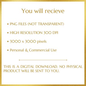 May include: A digital download graphic with a gold border and text. The text reads "You will receive" followed by bullet points detailing PNG files, high resolution, 3000 x 3000 pixels, and personal & commercial use. The bottom text states "This is a digital download. No physical product will be sent to you."