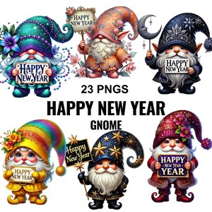 Happy New Year Gnome Clipart, mignon nain Png, clipart nouvel an, nain du nouvel an, bonne année png, gnomes nouvel an, clipart festif gnome