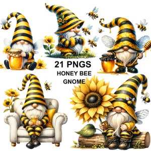 May include: Set of four digital illustrations of gnomes wearing yellow and black striped hats and outfits with bee wings. The gnomes are holding honey jars, a sunflower, and a glass of beer. The text "21 PNGS HONEY BEE GNOME" is in the center of the image.