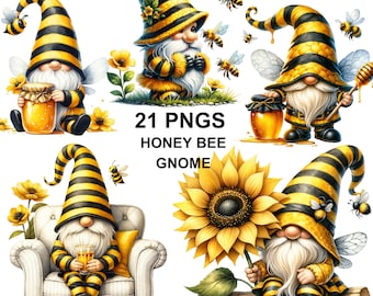 Watercolor Honey Bee Gnome Clipart Bundle, 21 PNG Sunflower Summer Gnomes, Cute Bumblebee Honey Jar Sublimation Graphics Digital Pack