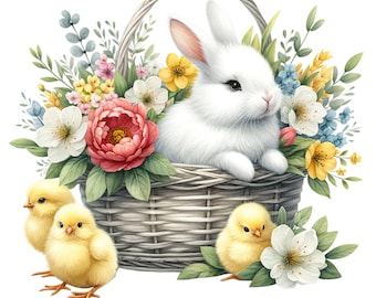 Conejito de Pascua en acuarela: Gráficos PNG de conejo floral (descarga digital)