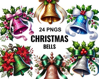 Watercolor Christmas Bells Clipart, Red Gold Holiday Bell PNG Bundle, Festive Xmas Sublimation Design, Card Making Digital Download