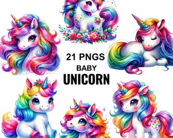 Watercolor Baby Unicorn Clipart, 21 Rainbow Unicorn PNG Bundle, Cute Magical Fantasy Animal, Kids Birthday Sublimation Graphics Pack