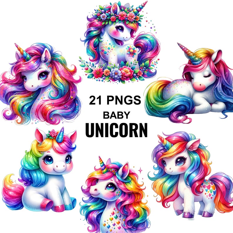 Watercolor Baby Unicorn Clipart, 21 Rainbow Unicorn PNG Bundle, Cute ...