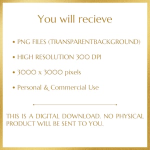 May include: Text on a gold background that reads: "You will recieve &bull; PNG FILES (TRANSPARENTBACKGROUND) &bull; HIGH RESOLUTION 300 DPI &bull; 3000 x 3000 pixels &bull; Personal & Commercial Use THIS IS A DIGITAL DOWNLOAD. NO PHYSICAL PRODUCT WILL BE SENT TO YOU."