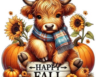 Watercolor Autumn Highland Cow Clipart, Fall Cow Sublimation PNG, Fluffy Cow Pumpkin Sunflower, Commercial Use Digital Download
