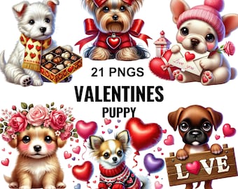 Op de afbeelding: Een set van 21 digitale afbeeldingen met schattige puppy's in verschillende poses, perfect voor Valentijnsdag. De afbeeldingen bevatten harten, bloemen en het woord "LOVE".