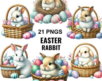 Watercolor Easter Bunny Clipart: Basket with Eggs (Digital Download)