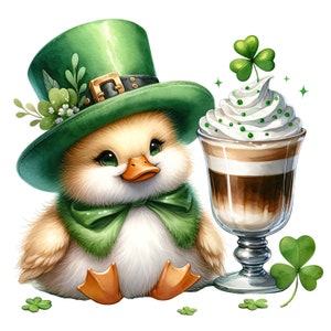 May include: A cute yellow duckling wearing a green leprechaun hat and a green bow tie, holding a glass of Irish coffee with whipped cream and a shamrock on top.