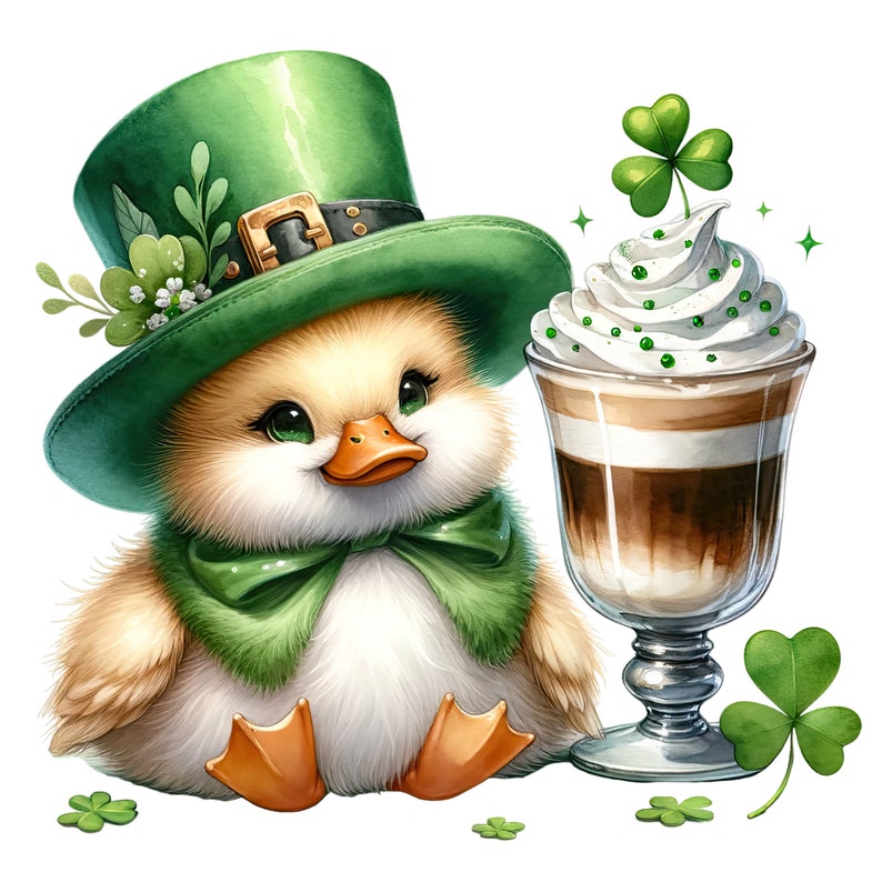 May include: A cute yellow duckling wearing a green leprechaun hat and a green bow tie, holding a glass of Irish coffee with whipped cream and a shamrock on top.