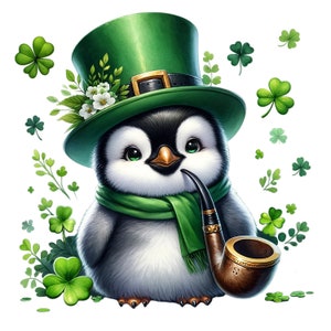 May include: A cartoon penguin wearing a green leprechaun hat and a green scarf, holding a brown pipe. The penguin is surrounded by green shamrocks.
