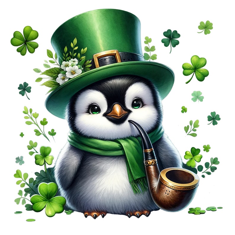 May include: A cartoon penguin wearing a green leprechaun hat and a green scarf, holding a brown pipe. The penguin is surrounded by green shamrocks.