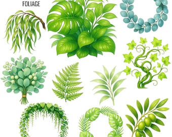Watercolor Foliage Clipart Bundle, 29 PNG Botanical Greenery, Tropical Leaf Wreaths, Fern Eucalyptus Wedding Sublimation Graphics Pack