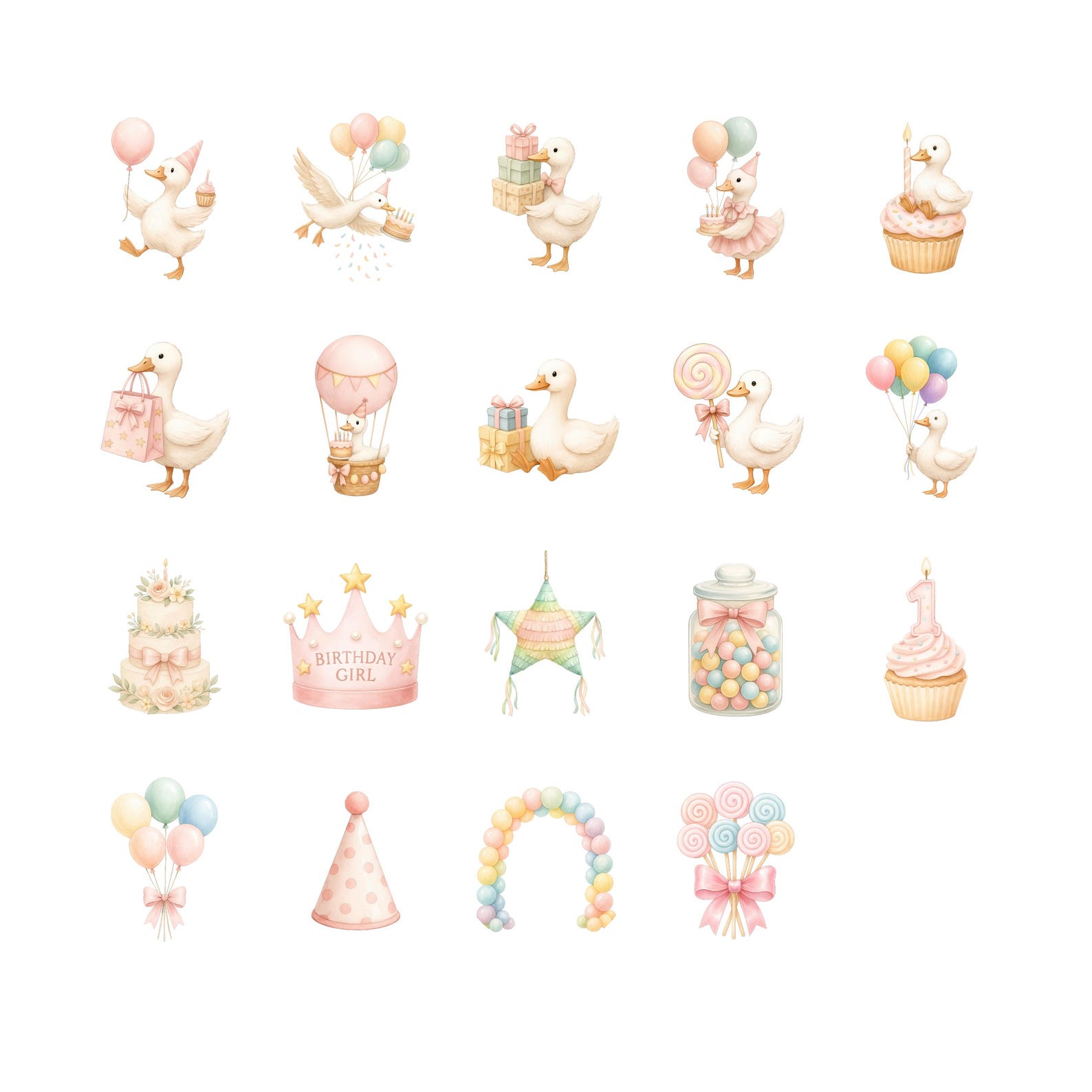 Cute Birthday Goose Clipart Bundle, Baby Duck Pngs With Balloons, Cakes ...