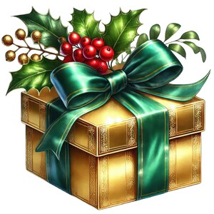May include: A gold gift box tied with a green satin ribbon and bow, decorated with holly leaves, red berries, and gold berries. The box features a decorative pattern. A festive holiday image.