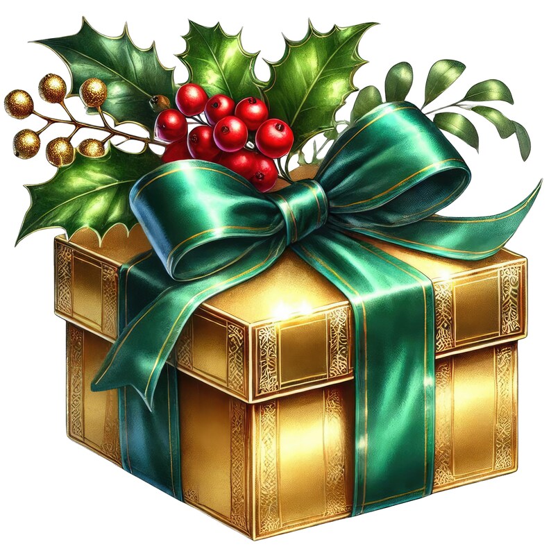 May include: A gold gift box tied with a green satin ribbon and bow, decorated with holly leaves, red berries, and gold berries. The box features a decorative pattern. A festive holiday image.