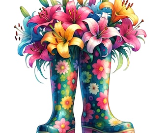 Floral Garden Boots Clipart: Watercolor Flower PNG Bundle (Digital Download)