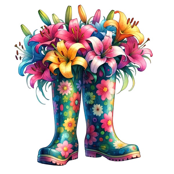 Garden Boots Clipart, Flowers Graphics, Wild Flowers Png, Watercolor Boots, Spring Png, Floral Boots Clipart Bundle, Hello Spring, Boots Png