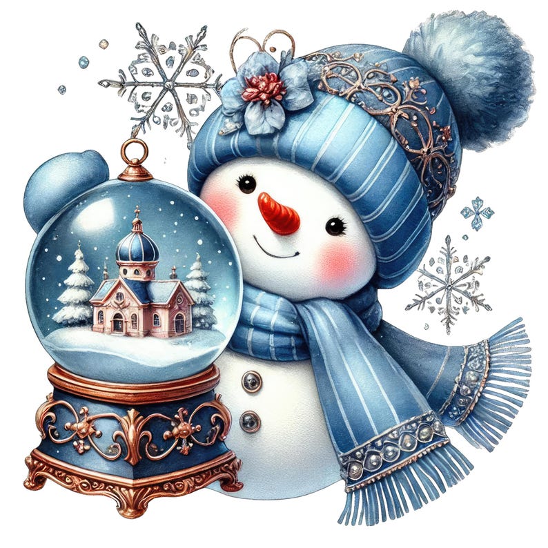 May include: A white snowman wearing a blue striped knit hat with a pom-pom and a matching blue scarf. The snowman holds a blue and copper-toned snow globe containing a small building and pine trees, surrounded by silver snowflake accents.