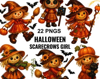 Halloween Scarecrow Girl Clipart PNG, Cute Witch Character Bundle, Spooky Kawaii Ghost Black Cat Graphics, Trick or Treat Sublimation
