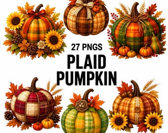 Paquete de imágenes prediseñadas PNG de calabazas a cuadros, calabazas patchwork shabby chic, lindos gráficos de cuadros escoceses otoñales, arte de sublimación de Acción de Gracias