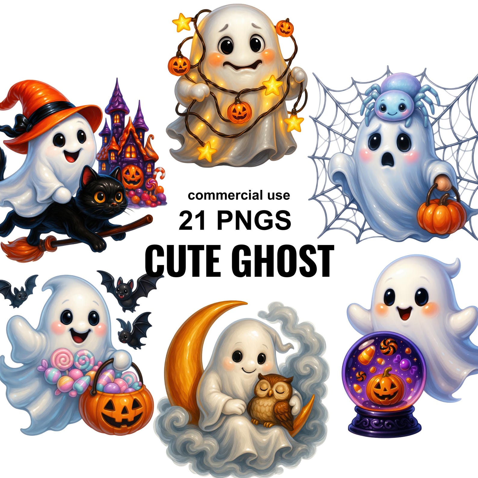 Cute Ghost Clipart PNG Bundle, Kawaii Halloween Ghosts, Artist Painter ...